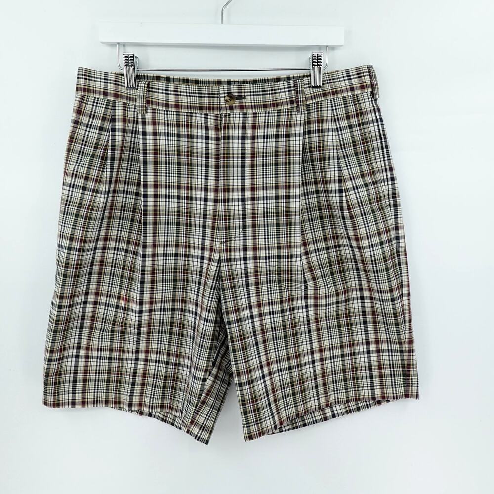 Roundtree & York Gold Label Chino Shorts‎ Mens 34 Brown Plaid Tartan 9" Golf VTG